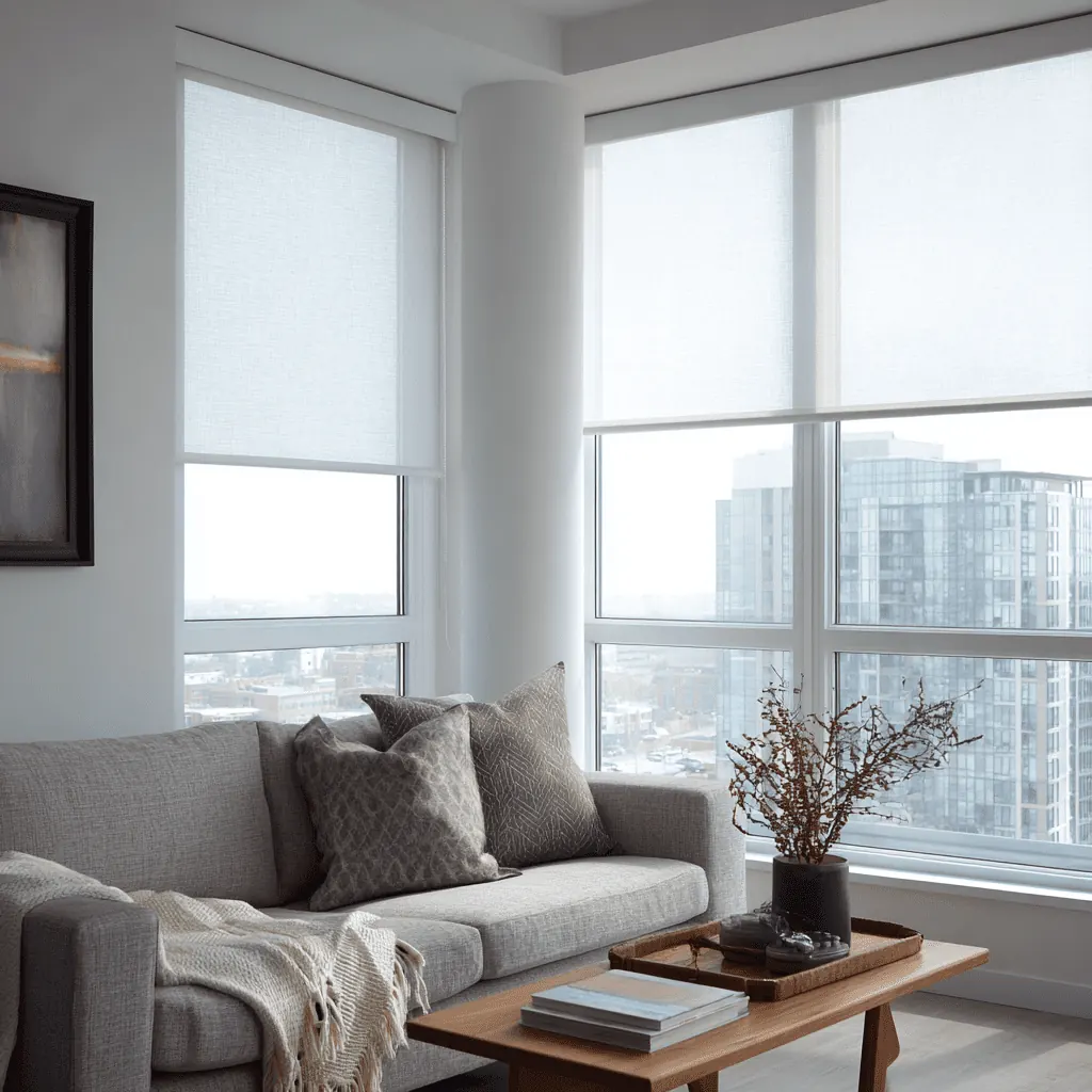 Motorized roller shades on tall Cicero windows